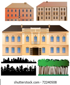 Highly detailed palace facade, two less detailed buildings facades, also couple of silhouettes and forest fragment for background. Drawing details well organized, easily editable.eps8 vector