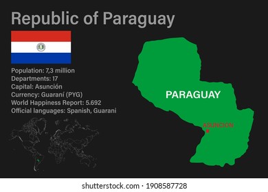 Highly detailed Paraguay map with flag, capital and small map of the world