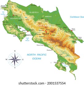 Mapa físico altamente detallado de Costa Rica