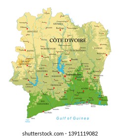 Highly detailed physical map of the Cote d'Ivoire,in vector format,with all the relief forms,regions and big cities.