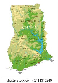 Highly detailed physical map of the Ghana, in vector format, with all the relief forms, regions and big cities.