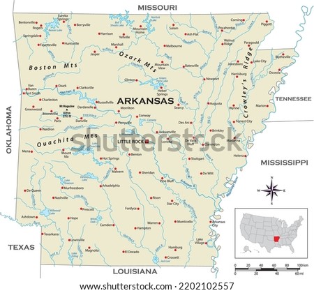 Highly detailed physical map of the US state of Arkansas