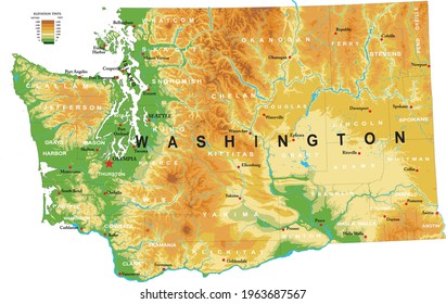 Highly detailed physical map of Washington state