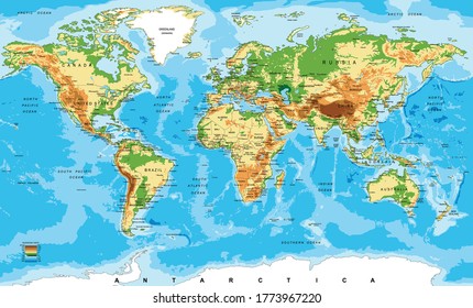 Highly detailed physical map of the world with countries, big cities and other labels,updated with South Sudan,Kosovo and North Macedonia.