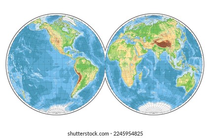 Highly detailed physical World Map in globe shape of Earth. Nicolosi globular projection – flat.