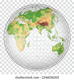 Sehr detaillierte physische Weltkarte in der globalen Form der Erde. Nicolosi globular projektion - flach - 3D.