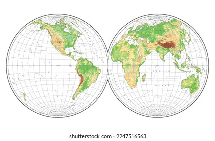 Highly detailed physical World Map in globe shape of Earth. Nicolosi globular projection – flat.