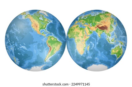 Sehr detaillierte physische Weltkarte in der globalen Form der Erde. Nicolosi globular projektion - 3D.