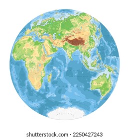 Sehr detaillierte physische Weltkarte in der globalen Form der Erde. Nicolosi Globalprojektion - flach.
