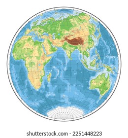 Highly detailed physical World Map in globe shape of Earth. Nicolosi globular projection – flat.