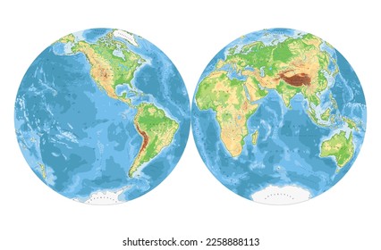 Highly detailed physical World Map in globe shape of Earth. Nicolosi globular projection – flat.