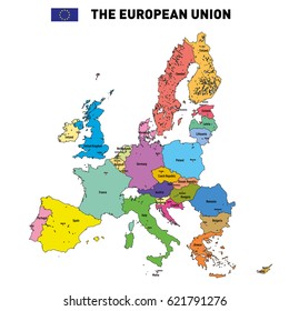 Highly detailed political map of The European Union with capitals. All elements are separated in editable layers clearly labeled. Vector Illustration.