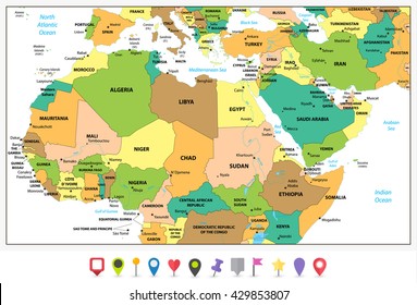 Highly detailed political map of Northern Africa and the Middle East isolated on white and flat map pointers with separated layers.