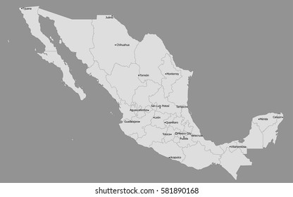 Highly Detailed Political Mexico Map, Main Cities