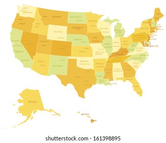 Highly detailed political USA map with names of states and cities