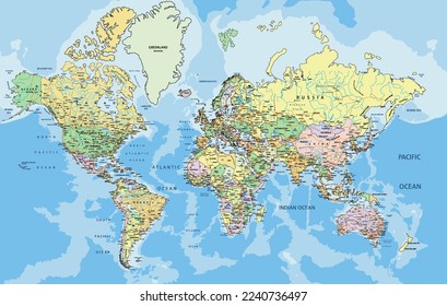 Mapa político del mundo altamente detallado con etiquetas. Ilustración vectorial.