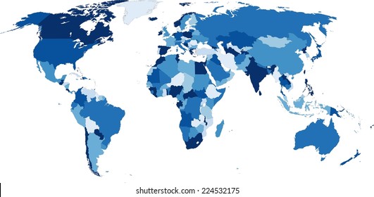 Highly detailed political World map in blue shades. Vector illustration