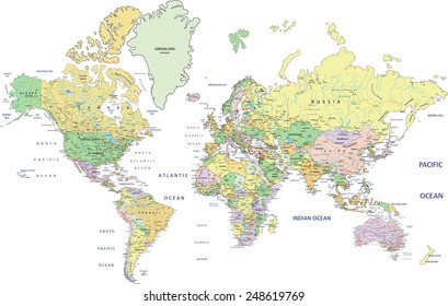 Highly detailed political World map with labeling. Vector illustration.