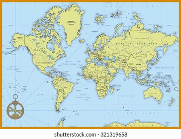 Highly detailed political world map with capitals, rivers,  separated layers. Vector illustration.