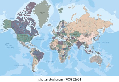 Highly detailed political World map with labeling.