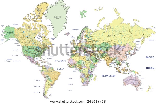 highly detailed political world map labeling stock vector