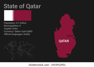 Highly detailed Qatar map with flag, capital and small map of the world