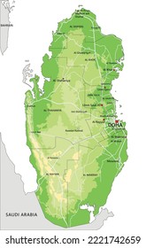 Highly detailed Qatar physical map with labeling.
