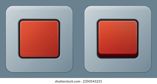 Highly detailed realistic illustrations of plastic red button on metallic plate. User interface button design for control panel in off and on states