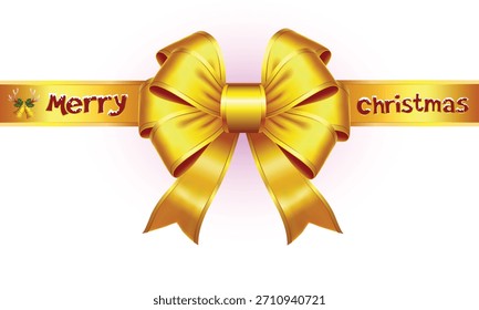 Gráfico de Vector realista y altamente detallado de un lazo de Navidad dorado brillante y una cinta con texto y campanas de "Navidades alegres". Perfecto para Tarjetas de regalo, Anuncios y decoraciones