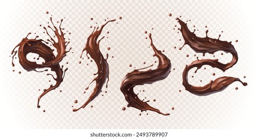 A highly detailed, realistic vector illustration of a liquid chocolate splash, showcasing the rich texture and fluid motion of chocolate in mid-air. Ideal for use in advertising, packaging, and digita