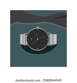 A highly detailed and realistic watch illustration showcasing intricate design elements. The watch features a polished stainless steel case with a reflective surface, highlighting fine engravings and 