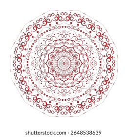 A highly detailed red mandala vector illustration featuring symmetrical ornamental elements and flourishes. This circular decorative artwork is perfect for spiritual themes, tattoo designs, ethnic bac