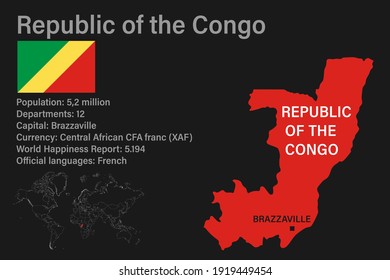 Highly detailed Republic of the Congo map with flag, capital and small map of the world