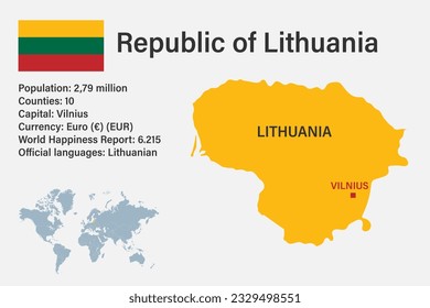 Mapa muy detallado de la República de Lituania con bandera, capital y pequeño mapa del mundo
