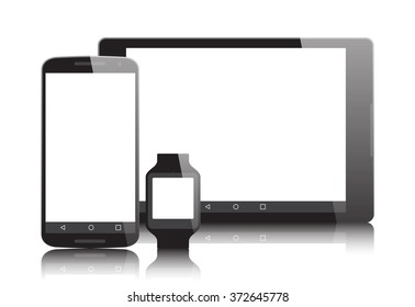 Highly detailed responsive smart phone, tablet, smart watch with reflection watch mockup vector on white background for graphic designs