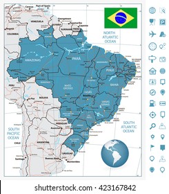 Highly detailed road map of Brazil with rivers and navigation icons. Vector illustration.