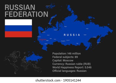 Highly detailed Russian Federation map with flag, capital and small map of the world