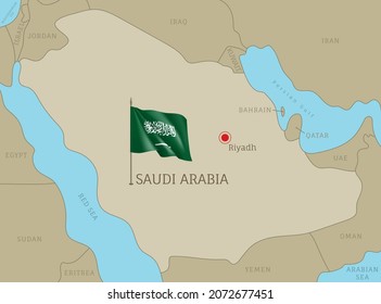 Highly detailed Saudi Arabian map with national flag. Editable gray administrative map of Kingdom of Saudi Arabia with region borders, neighboring countries and waving flag vector illustration