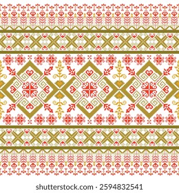 Highly detailed seamless pixel art geometric pattern with an ethnic touch. Intricate pixel art with detailed motifs in red and brown elements for home decor, fashion, and craft projects.