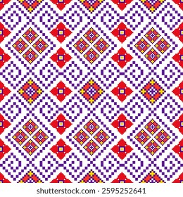 Highly detailed seamless pixel art geometric pattern, with an ethnic touch. Intricate pixel art with detailed motifs in red, blue and yellow. designed for home decor, fashion, and craft projects.