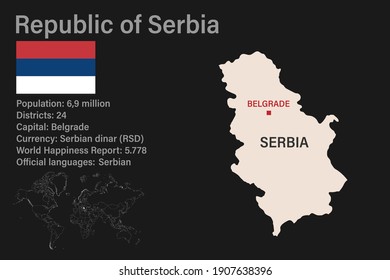 Highly detailed Serbia map with flag, capital and small map of the world