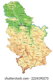 Highly detailed Serbia physical map with labeling.