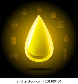 Highly detailed shining yellow golden drop of oil hanging on a dark background automotive symbols