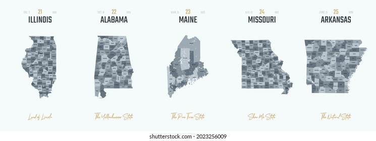 Highly detailed silhouettes of US state maps vector set 5 of 10, divided into counties with names and territory nicknames