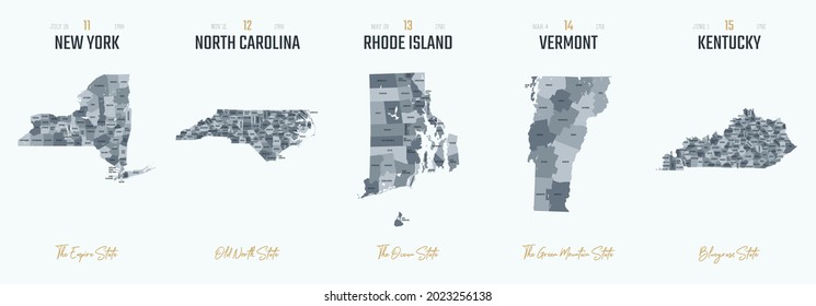 Highly detailed silhouettes of US state maps vector set 3 of 10, divided into counties with names and territory nicknames