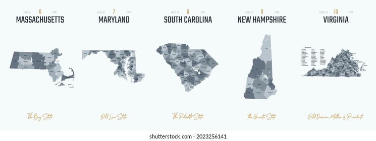 Highly detailed silhouettes of US state maps vector set 2 of 10, divided into counties with names and territory nicknames