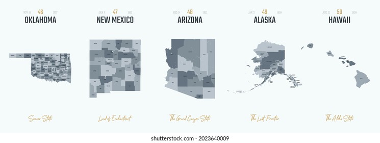 Highly detailed silhouettes of US state maps vector set 10 of 10, divided into counties with names and territory nicknames