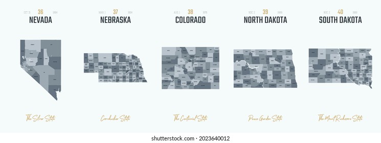 Highly detailed silhouettes of US state maps vector set 8 of 10, divided into counties with names and territory nicknames