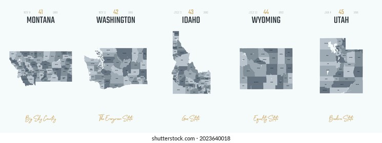 Highly detailed silhouettes of US state maps vector set 9 of 10, divided into counties with names and territory nicknames