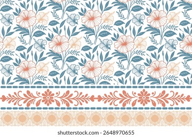 highly detailed sketch floral artwork in line floral seamless pattern with border designed for seamless fabric repeats, wrapping paper, and decorative digital surface prints

